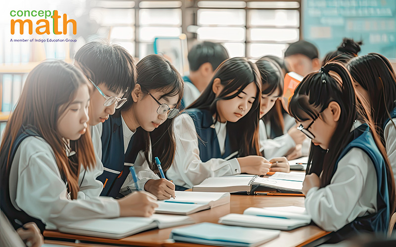 Primary school students studying for their math exam
