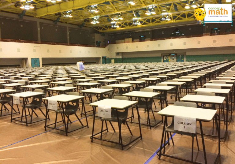 Empty exam hall with many desks